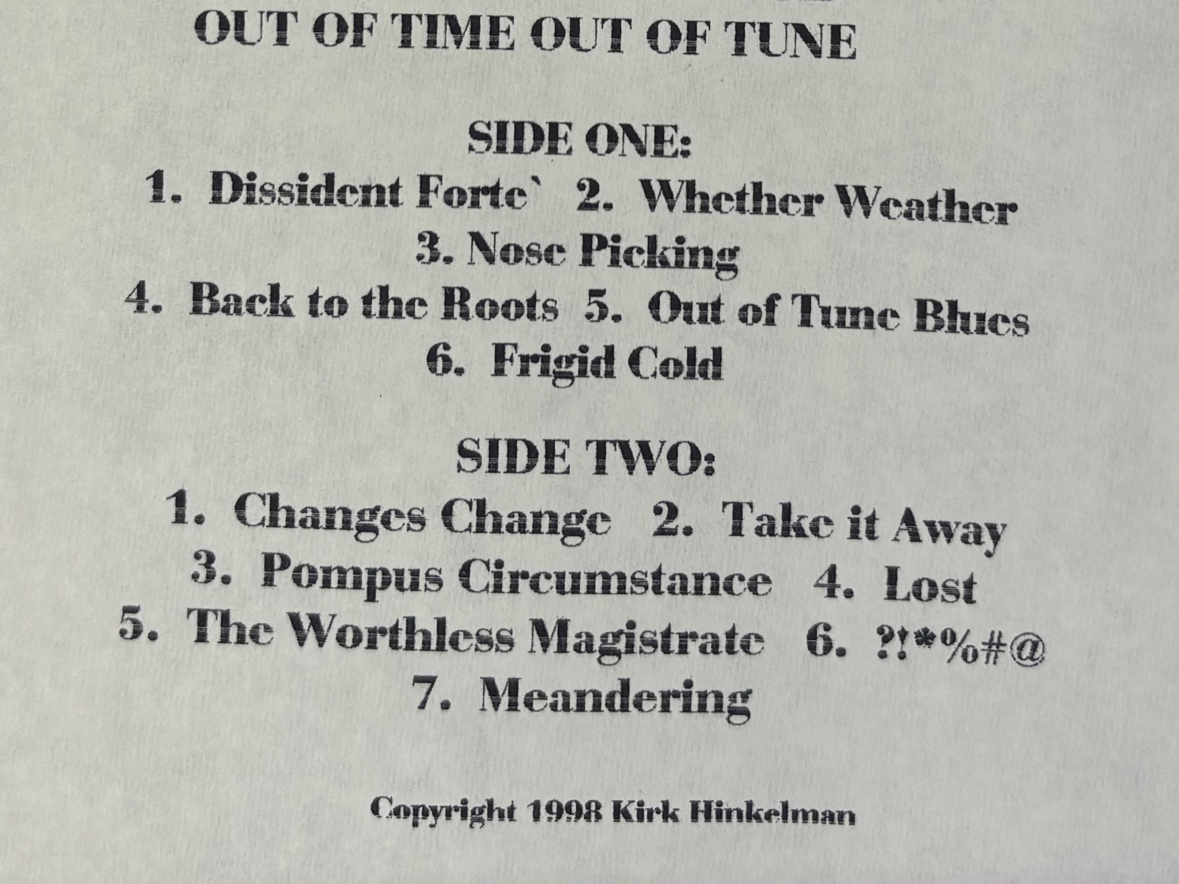 original draft of out of time out of tune track listing